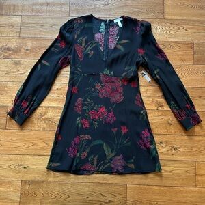 NWT-Leith Long Sleeve Mini Dress, Sz S-Black w/Red & Green Florsl Print